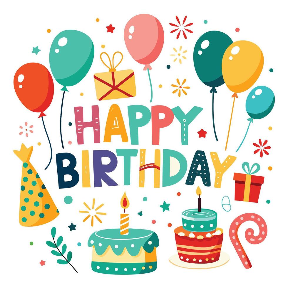 happy birthday card with colorful balloons and cake vector