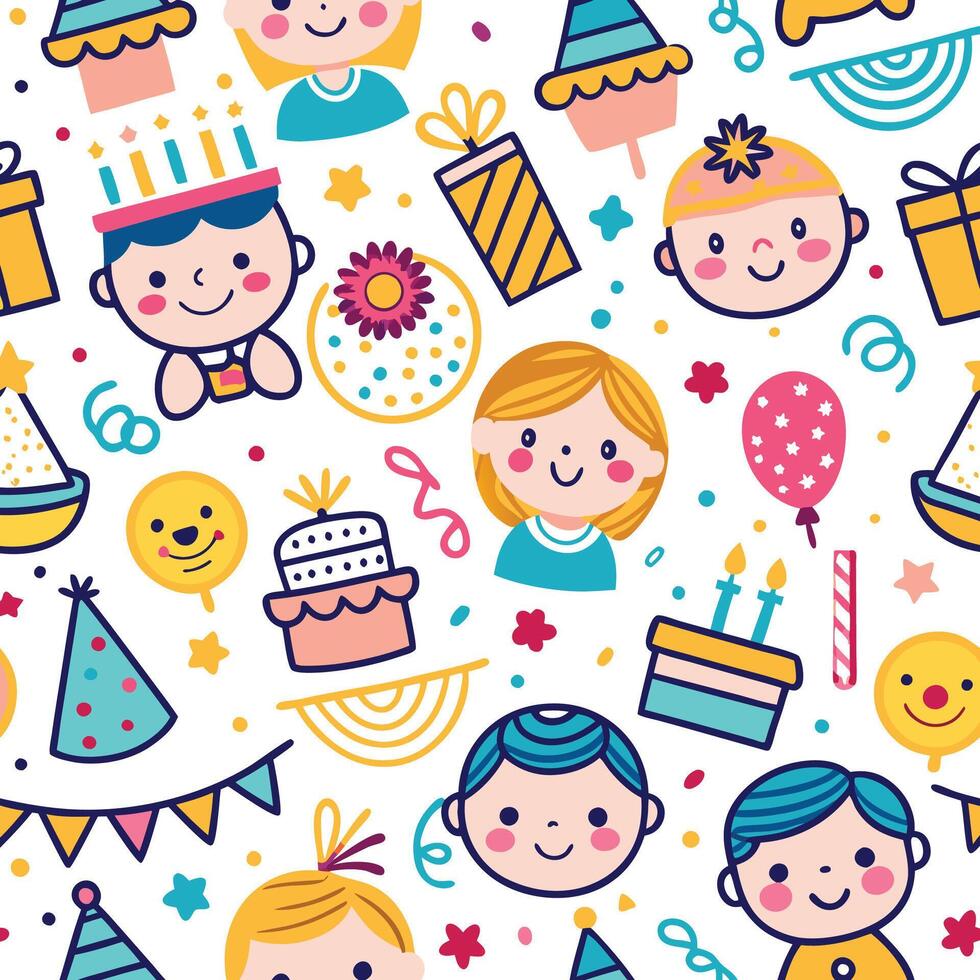 birthday seamless pattern with cartoon characters and objects vector