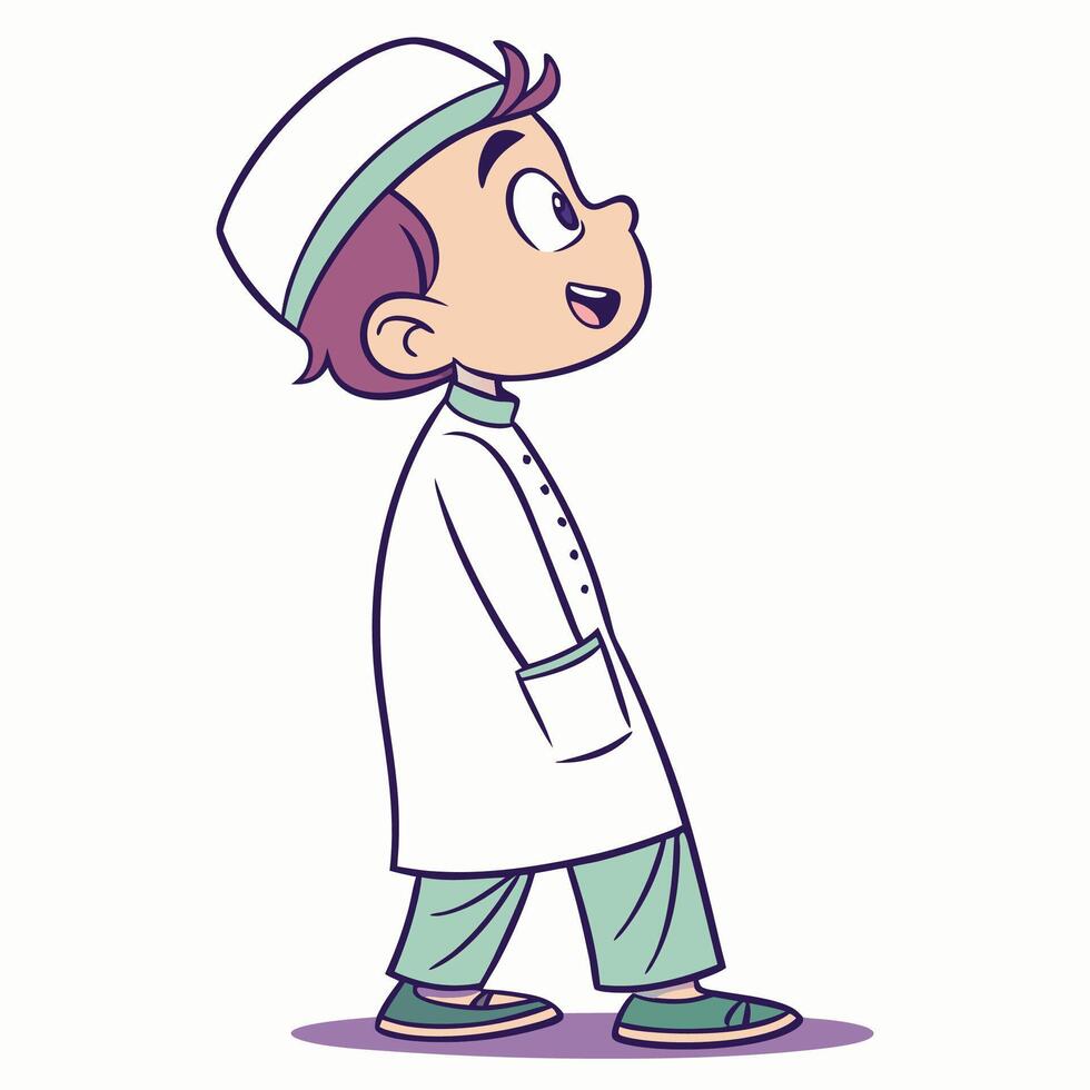cartoon muslim boy in white coat and hat vector