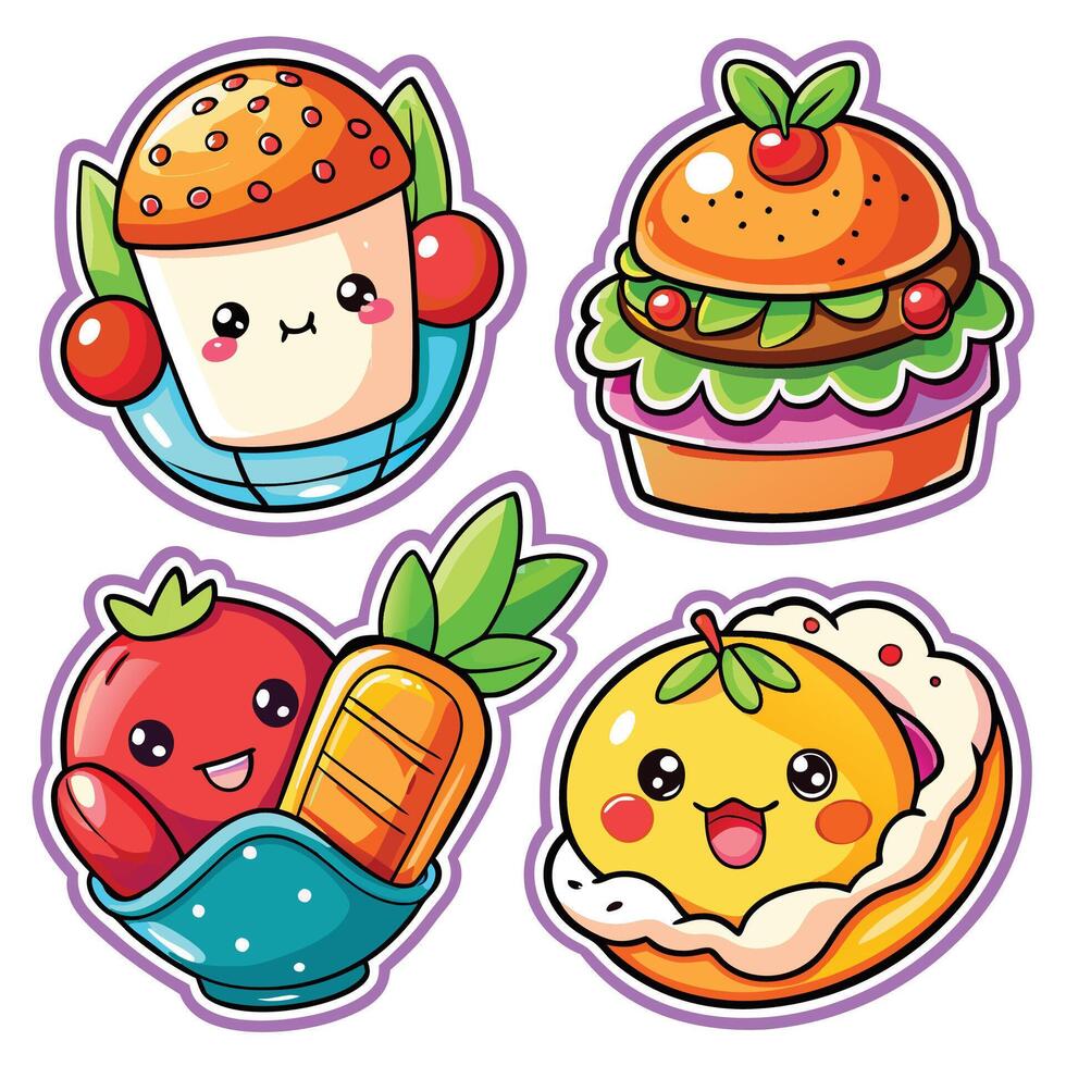 cute food stickers set with hamburger, tomato, carrot, and lettuce vector