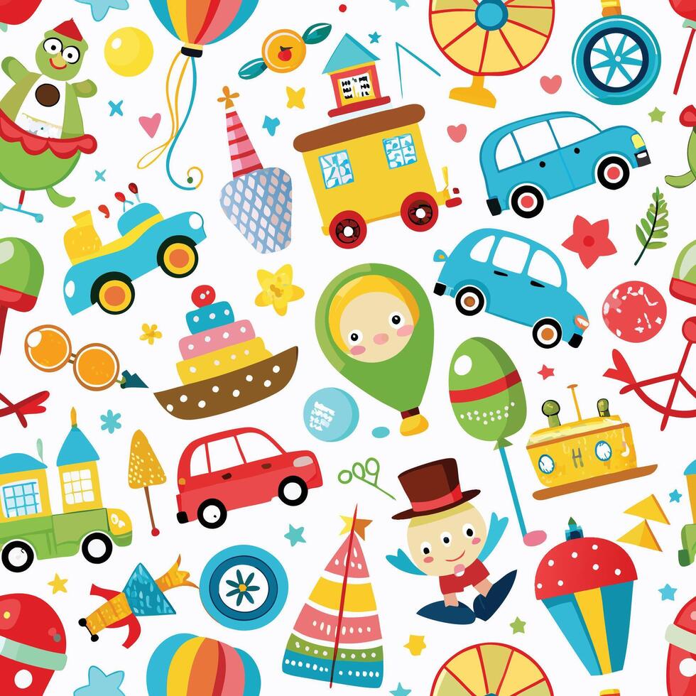 a colorful pattern with various toys and vehicles vector
