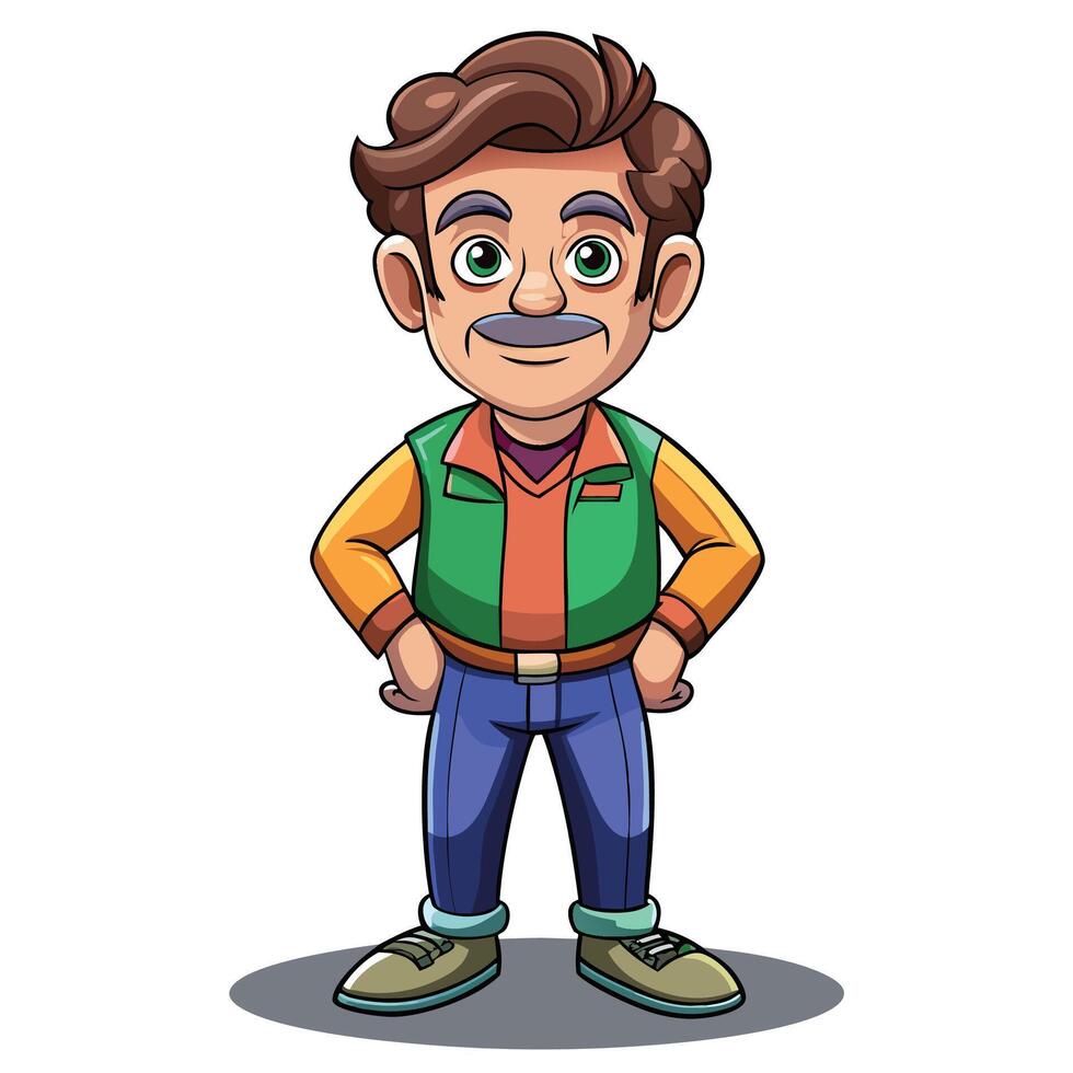 cartoon man with mustache and vest standing with hands on hips vector