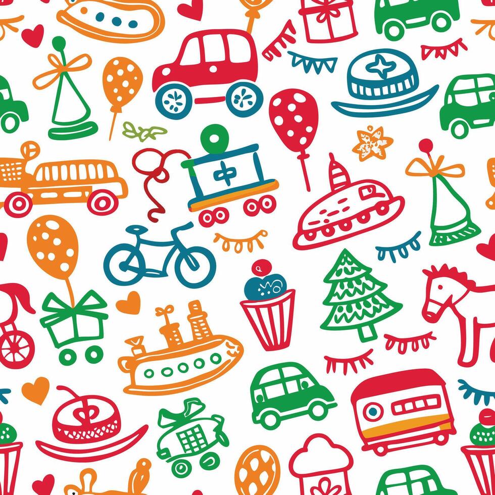 seamless pattern with colorful cars, trucks, trains, and other vehicles vector
