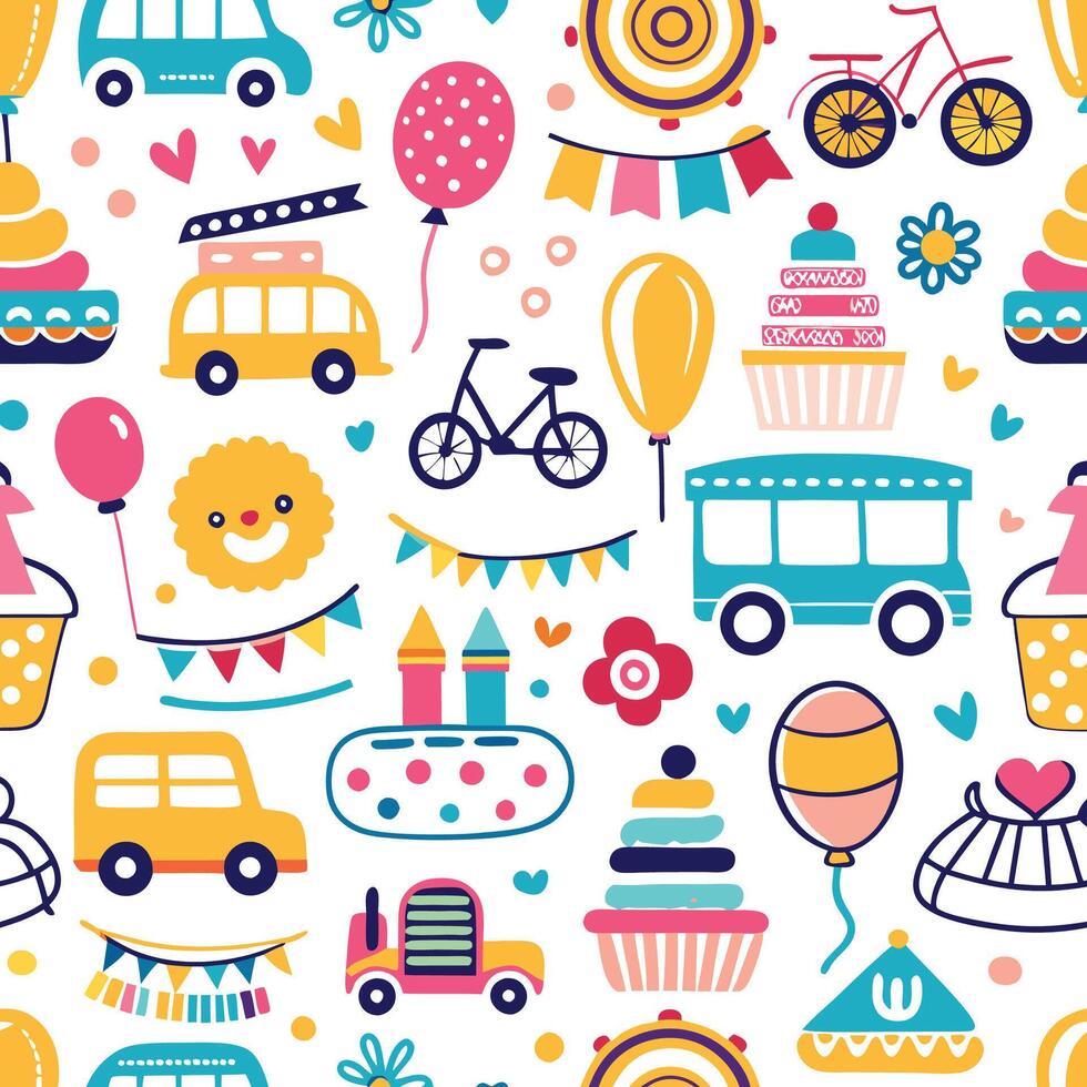 seamless pattern with colorful objects and vehicles vector