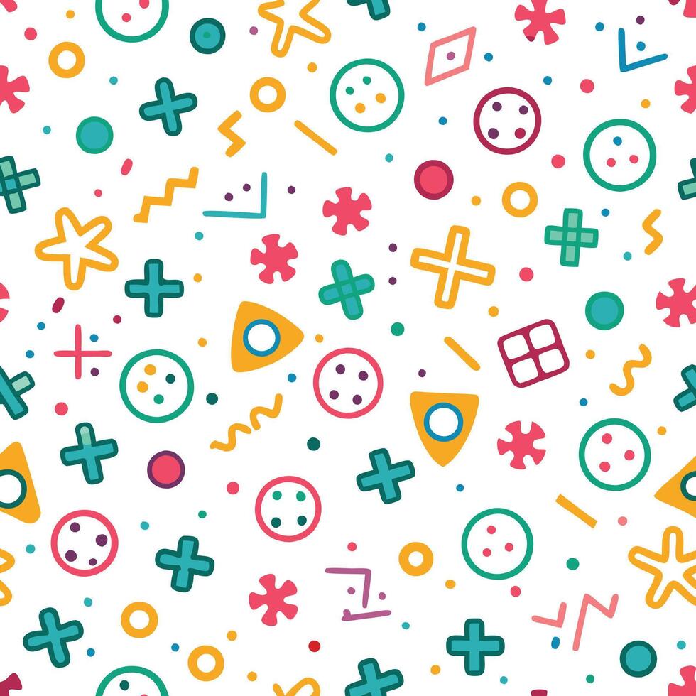 seamless pattern with colorful geometric shapes and symbols vector