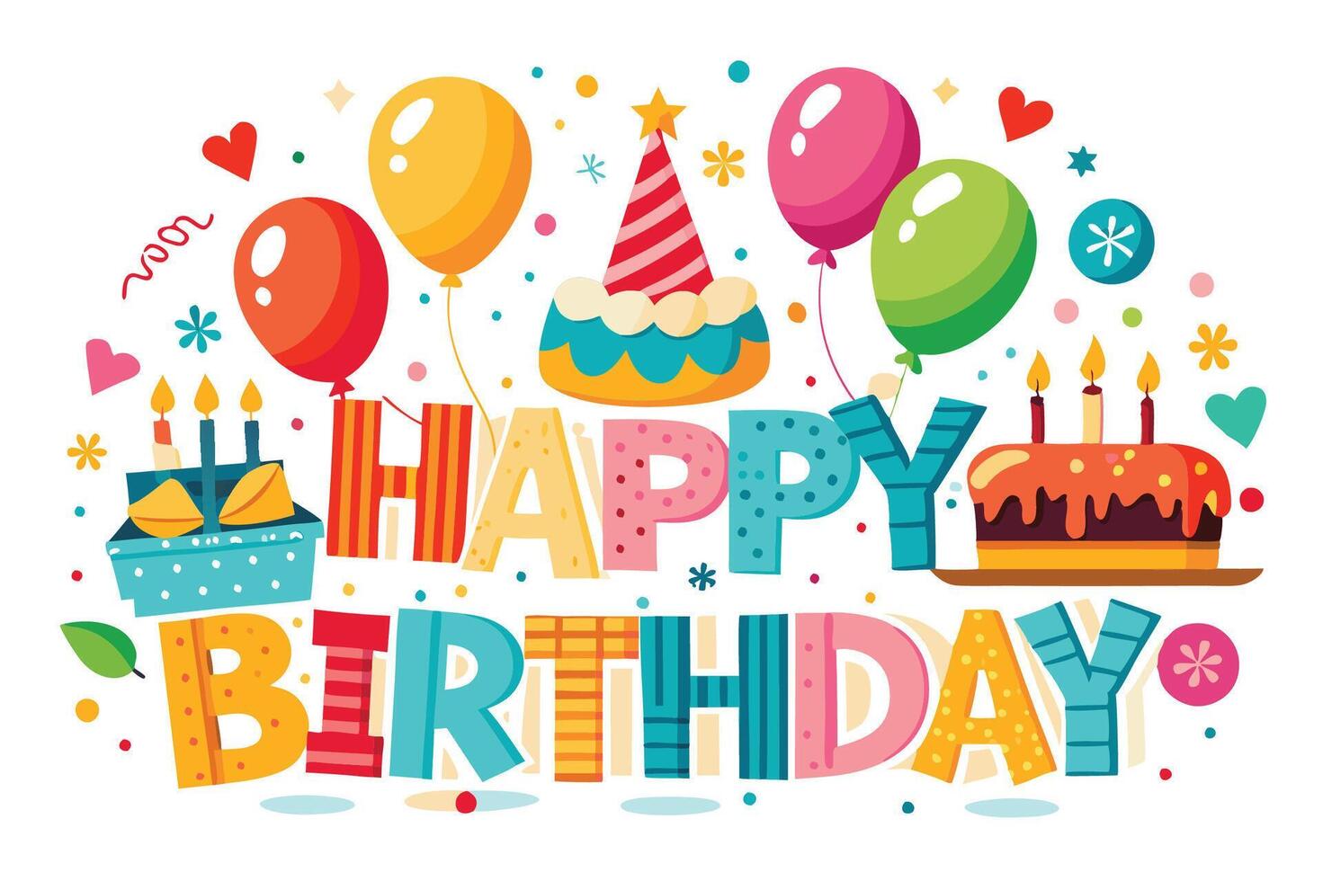 happy birthday card with colorful balloons and cake vector