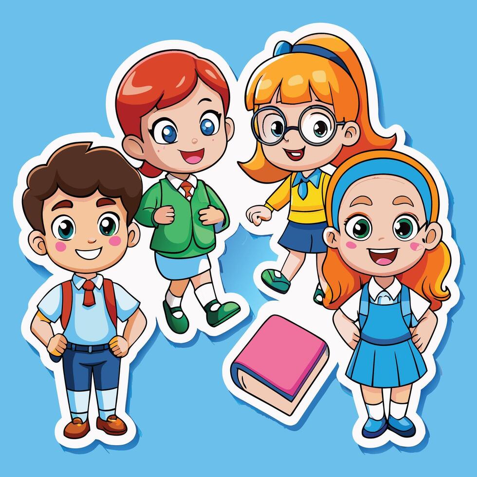 cartoon children with school uniform and books vector