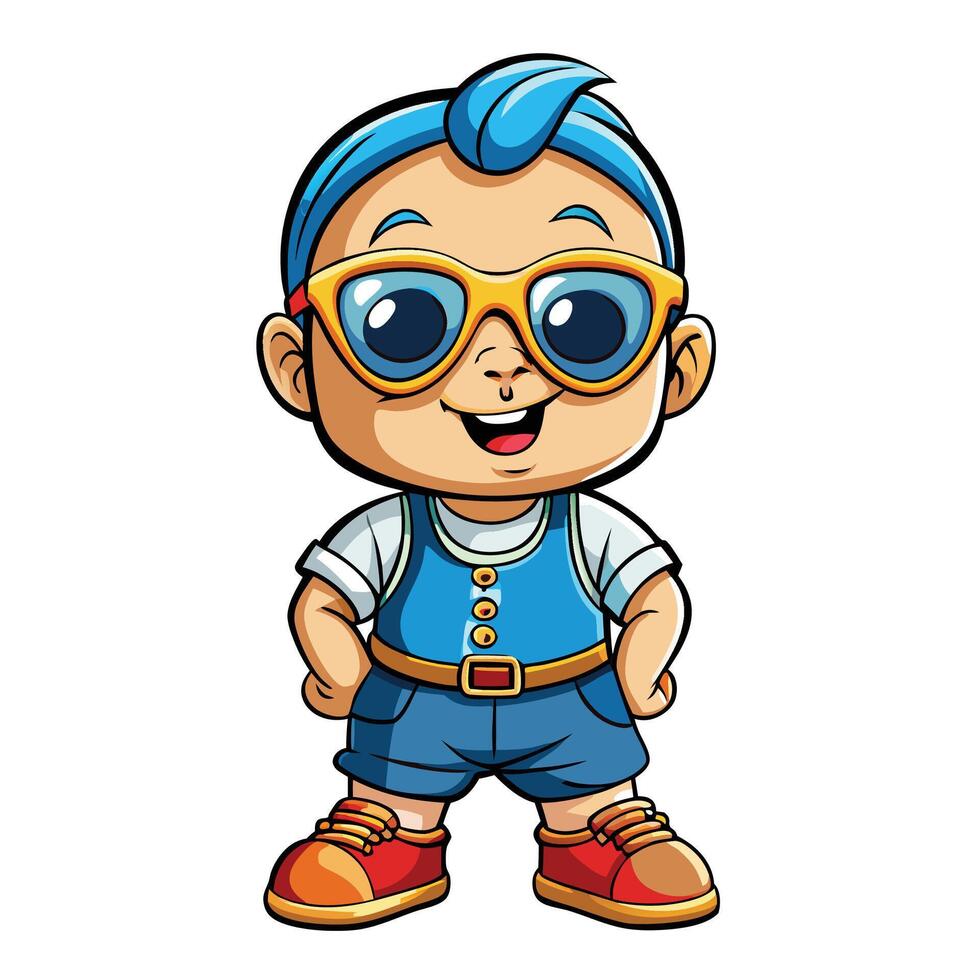cartoon boy wearing sunglasses and overalls vector