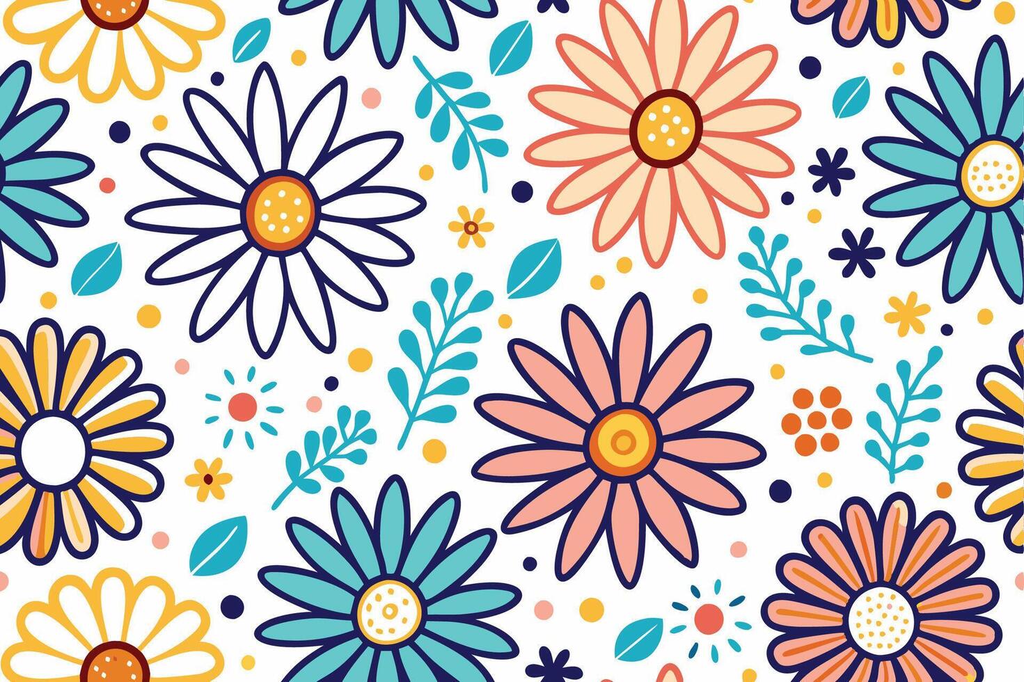 floral seamless pattern with colorful flowers and leaves vector