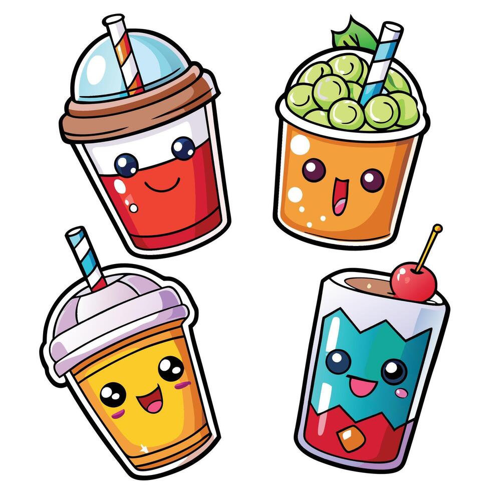 cute drink stickers set with different drinks vector
