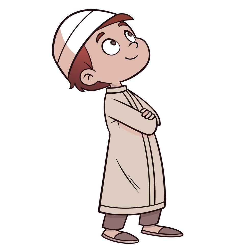 cartoon muslim boy standing with arms crossed vector