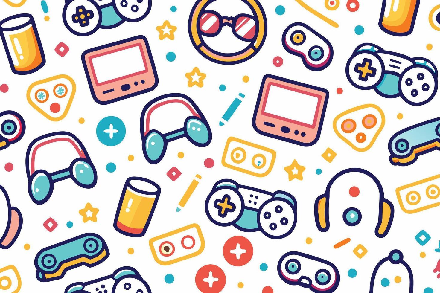 a seamless pattern with various game controllers and other items vector