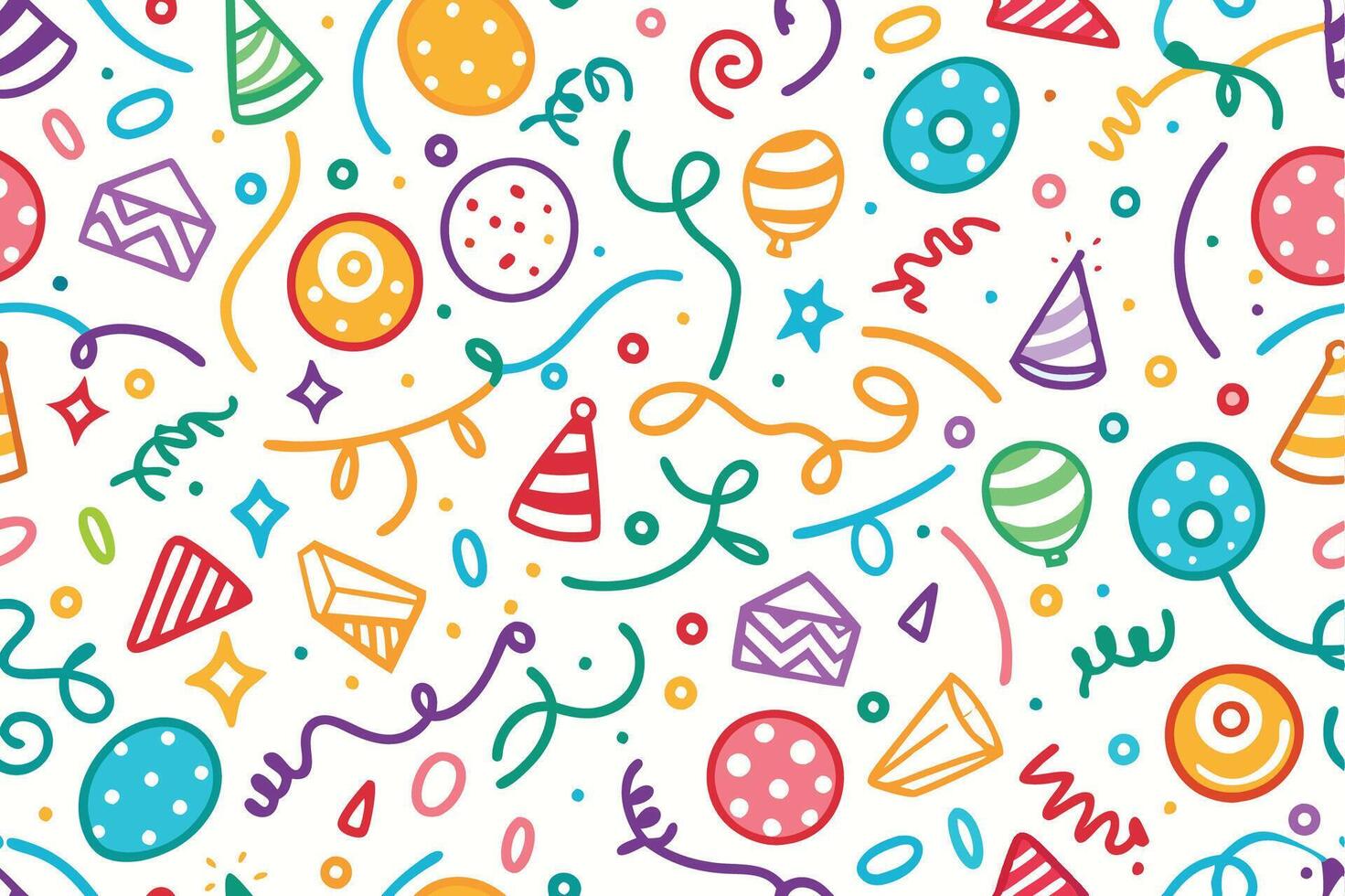 a colorful party pattern with balloons, confetti and streamers vector
