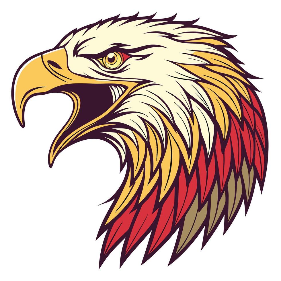 an eagle head with a red, yellow and green feather vector