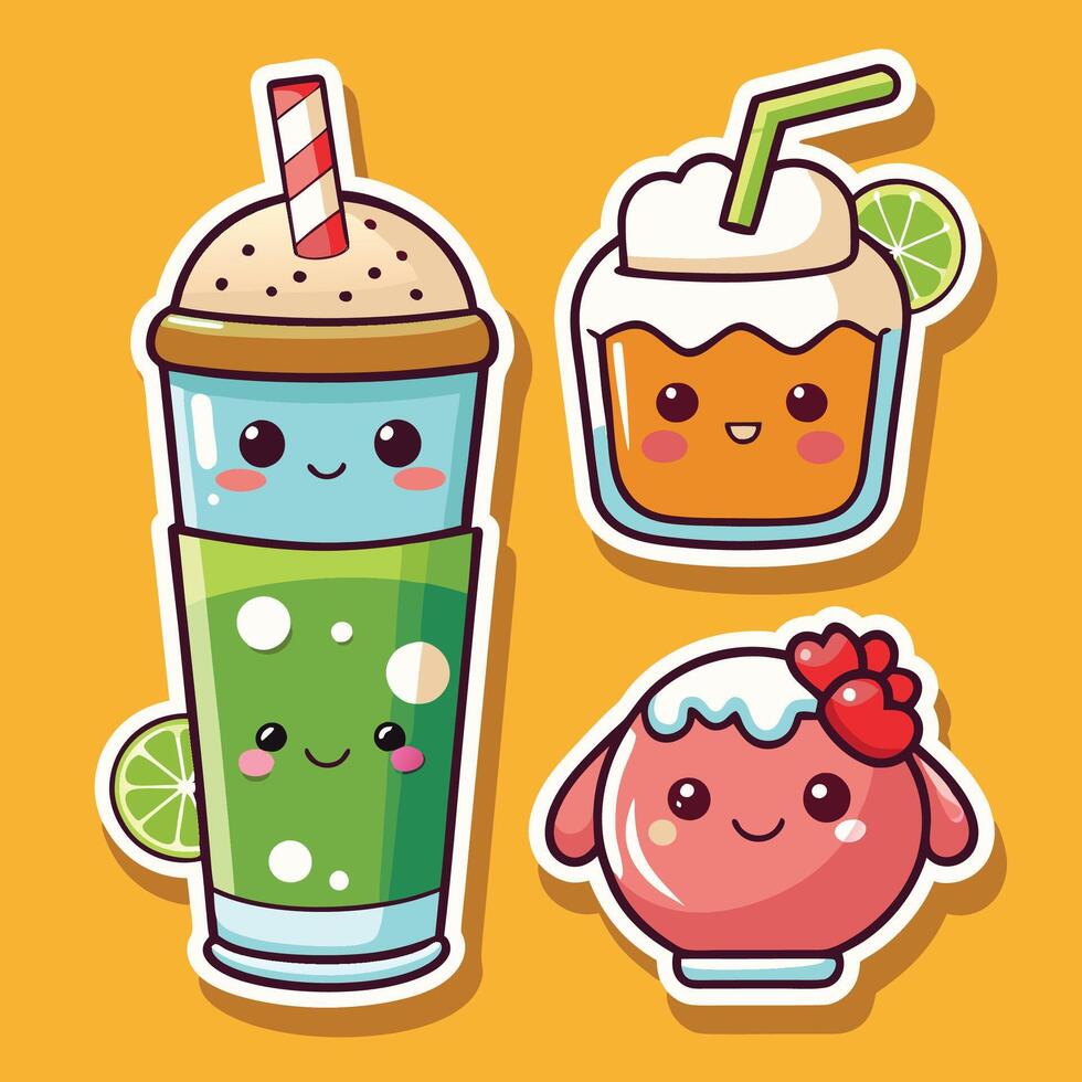cute kawaii drink stickers set with different drinks vector