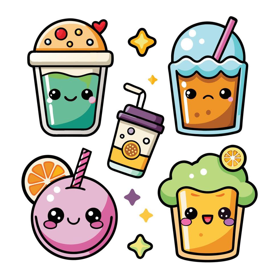 cute kawaii drinks set with different drinks vector