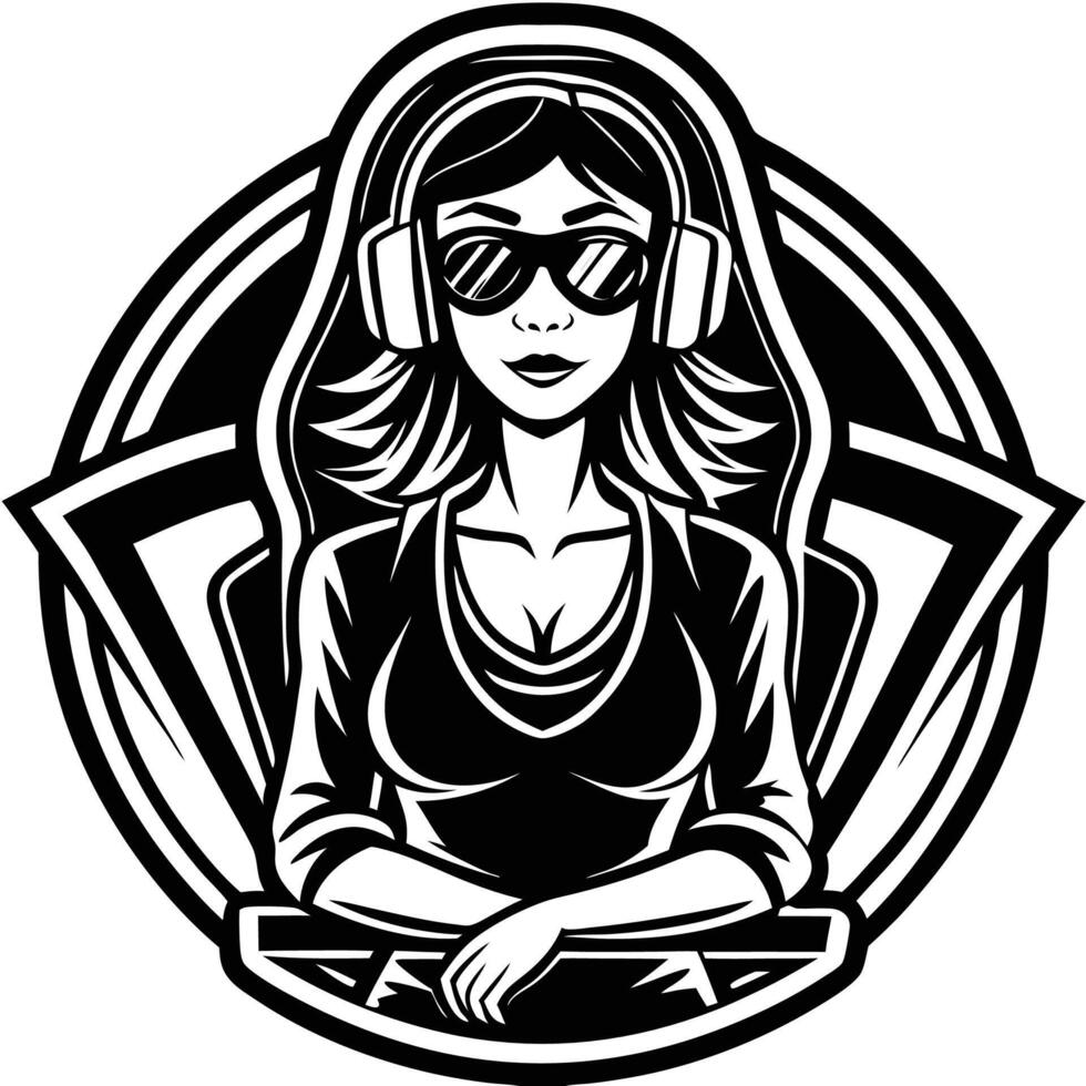 a woman in sunglasses and headphones is sitting at a computer vector