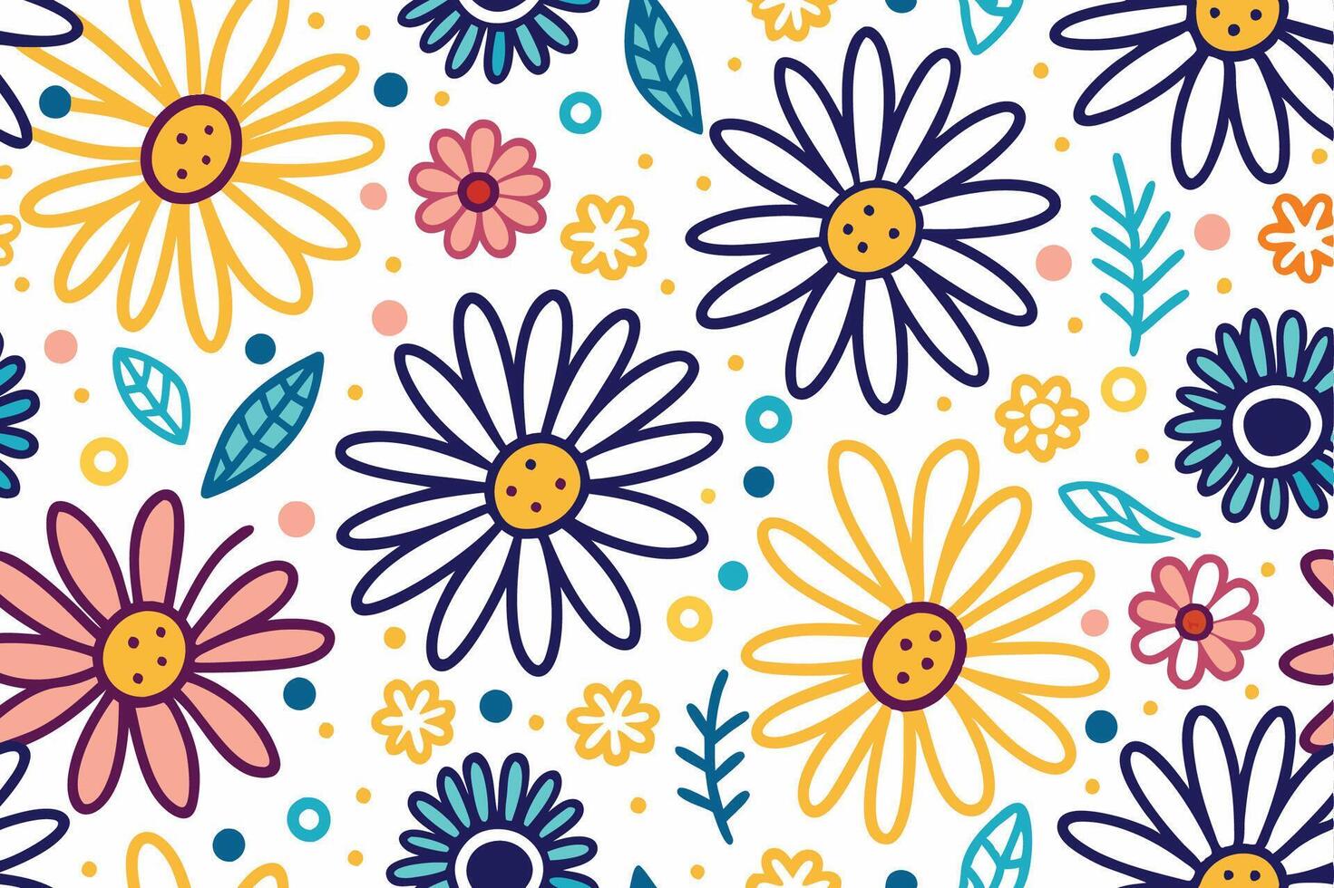 a colorful floral pattern with daisies and leaves vector