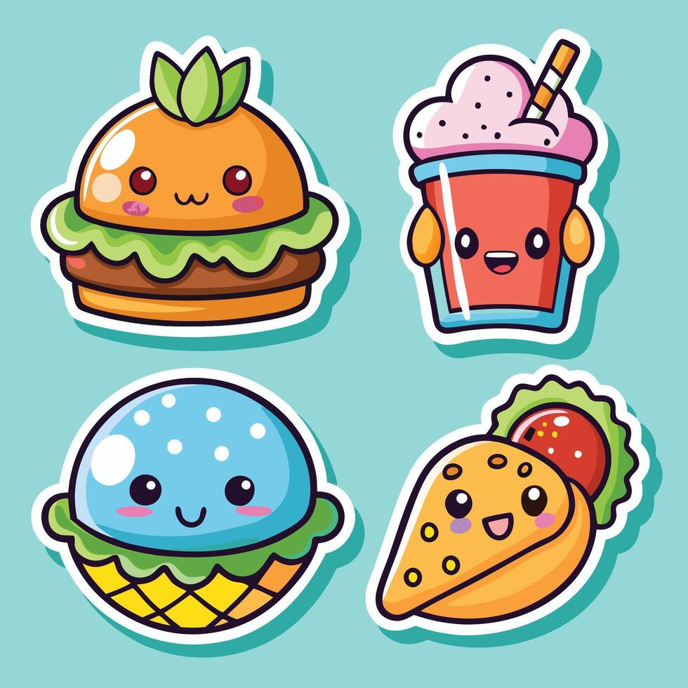cute hamburger, burger, pizza, and drink stickers vector