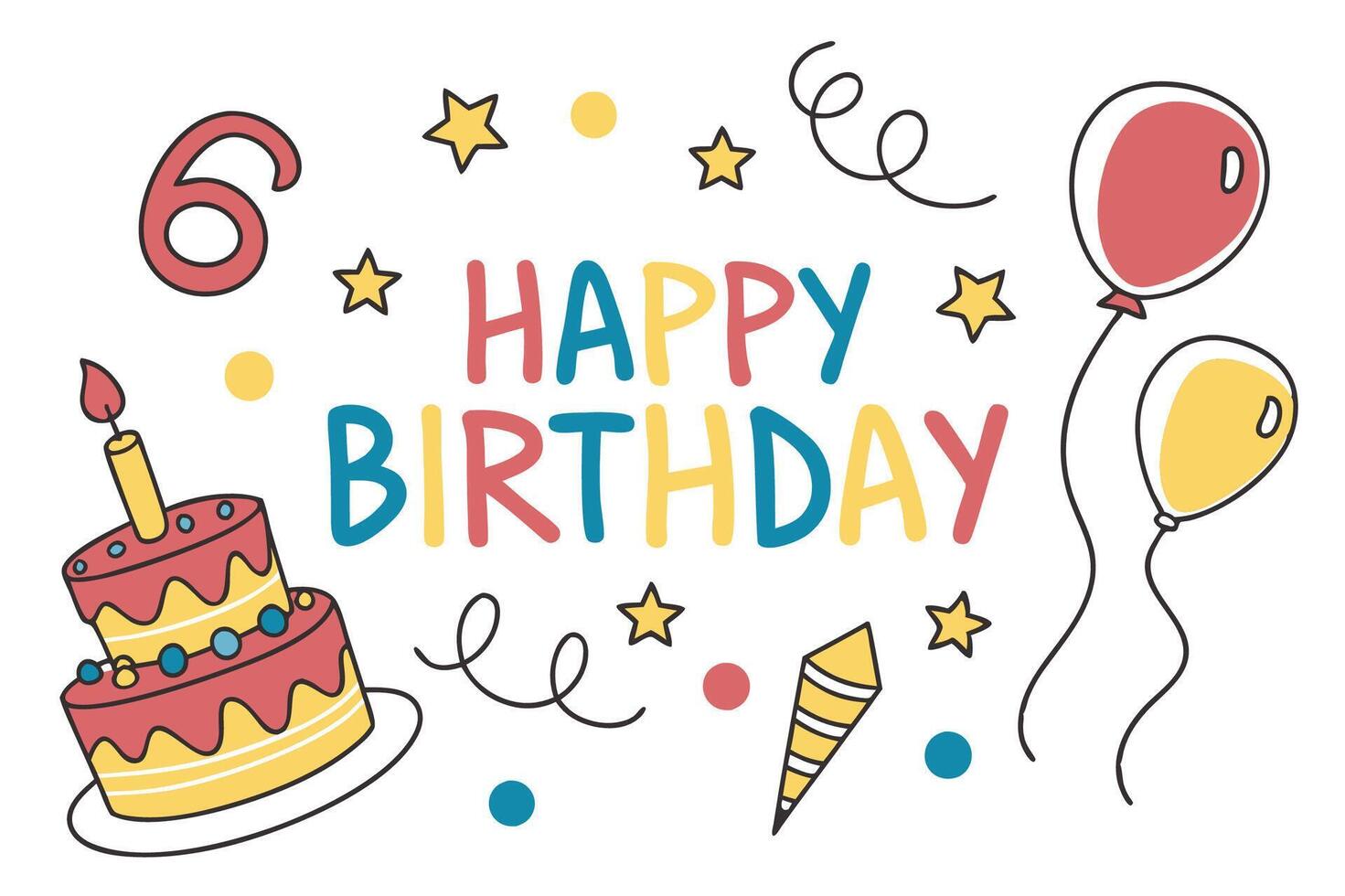 happy birthday card with balloons and cake vector