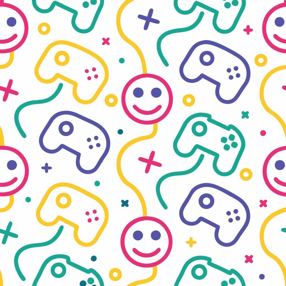 a colorful pattern with game controllers and smiley faces vector