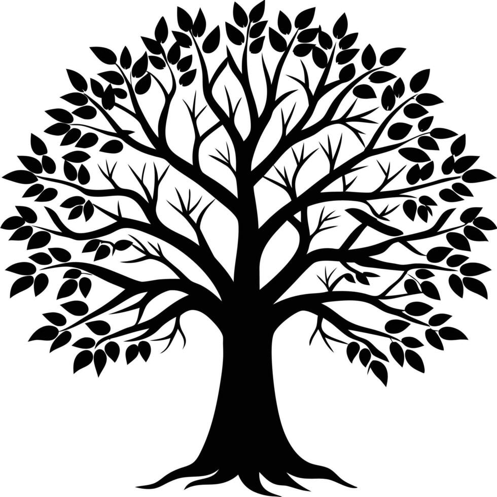 a black and white tree with leaves vector