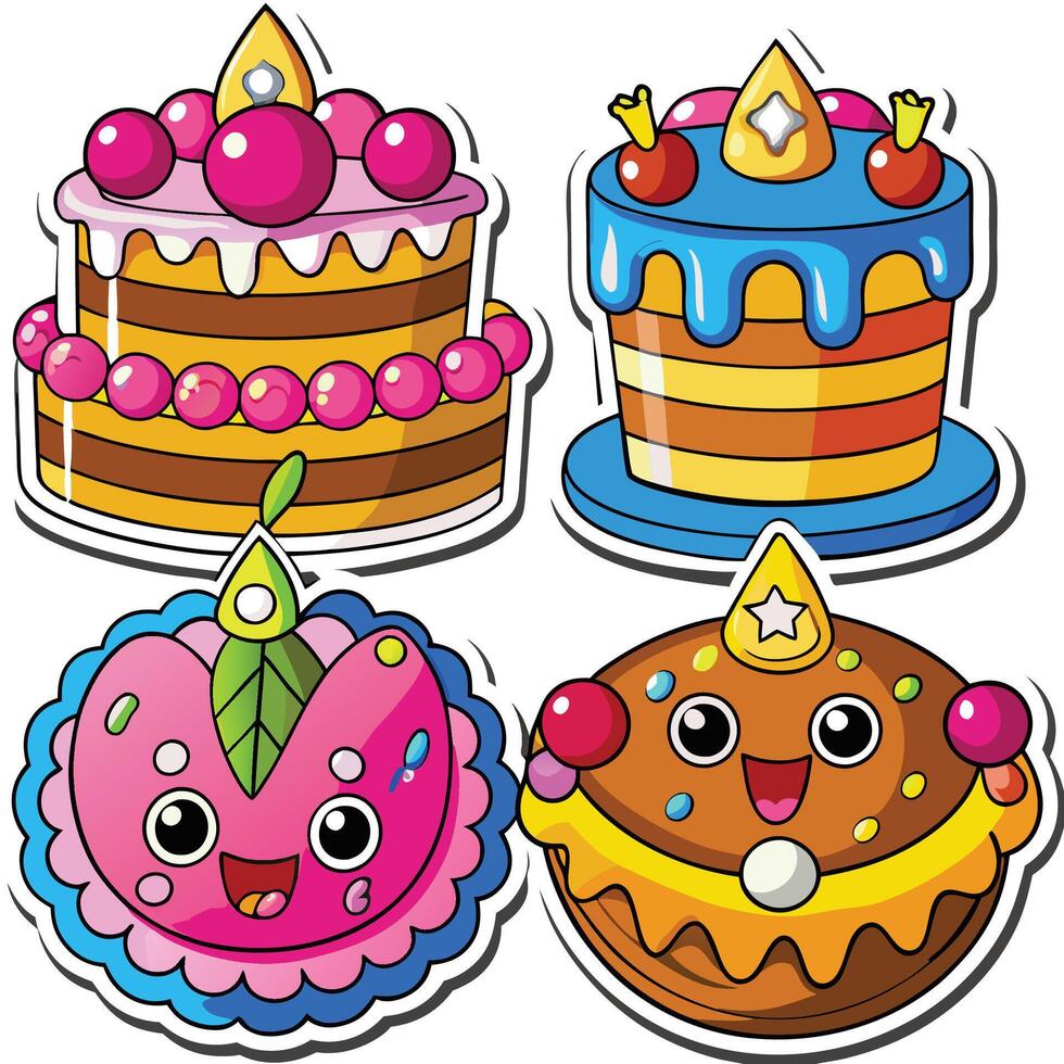 four different cake stickers with different designs vector