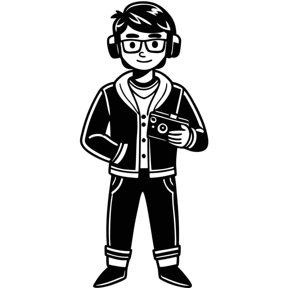 a black and white illustration of a man with headphones and glasses vector