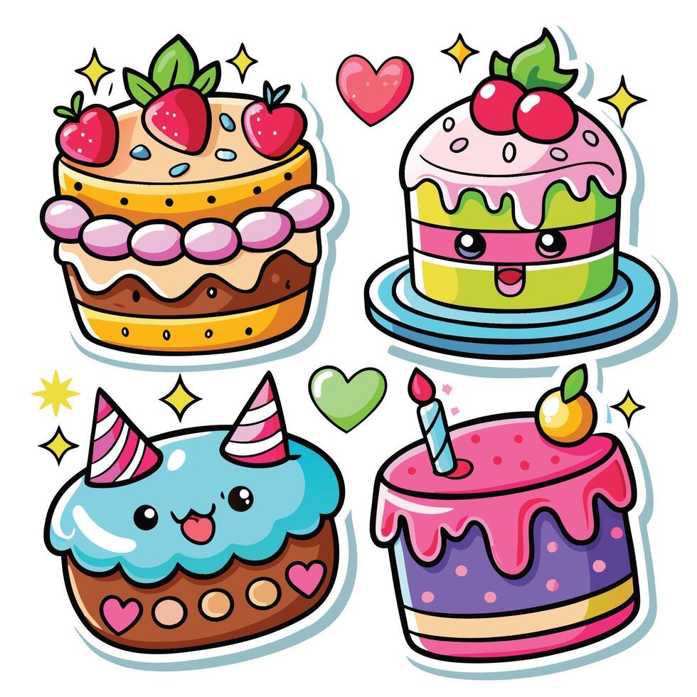 cute cake set with different types of cakes vector