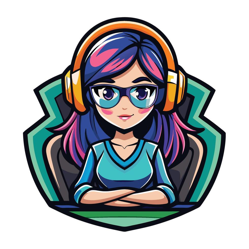 a girl with headphones and glasses sitting at a computer vector