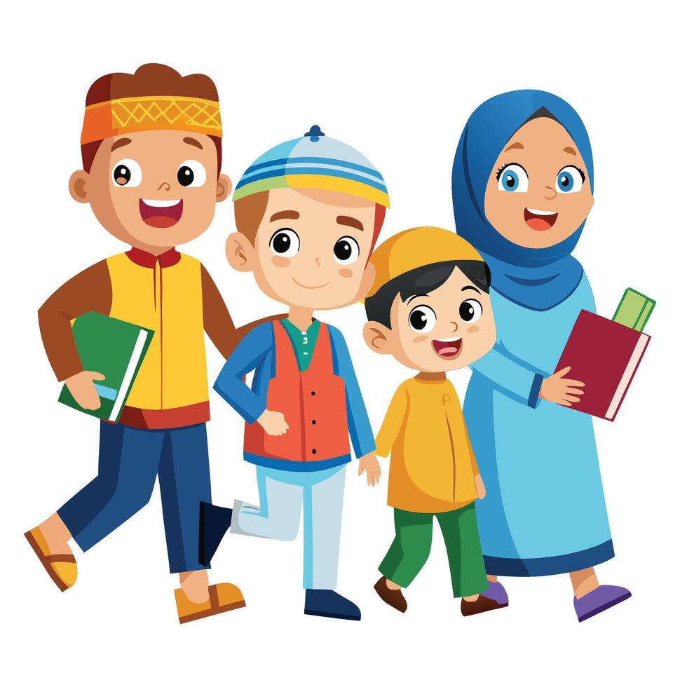 muslim children with books and books vector