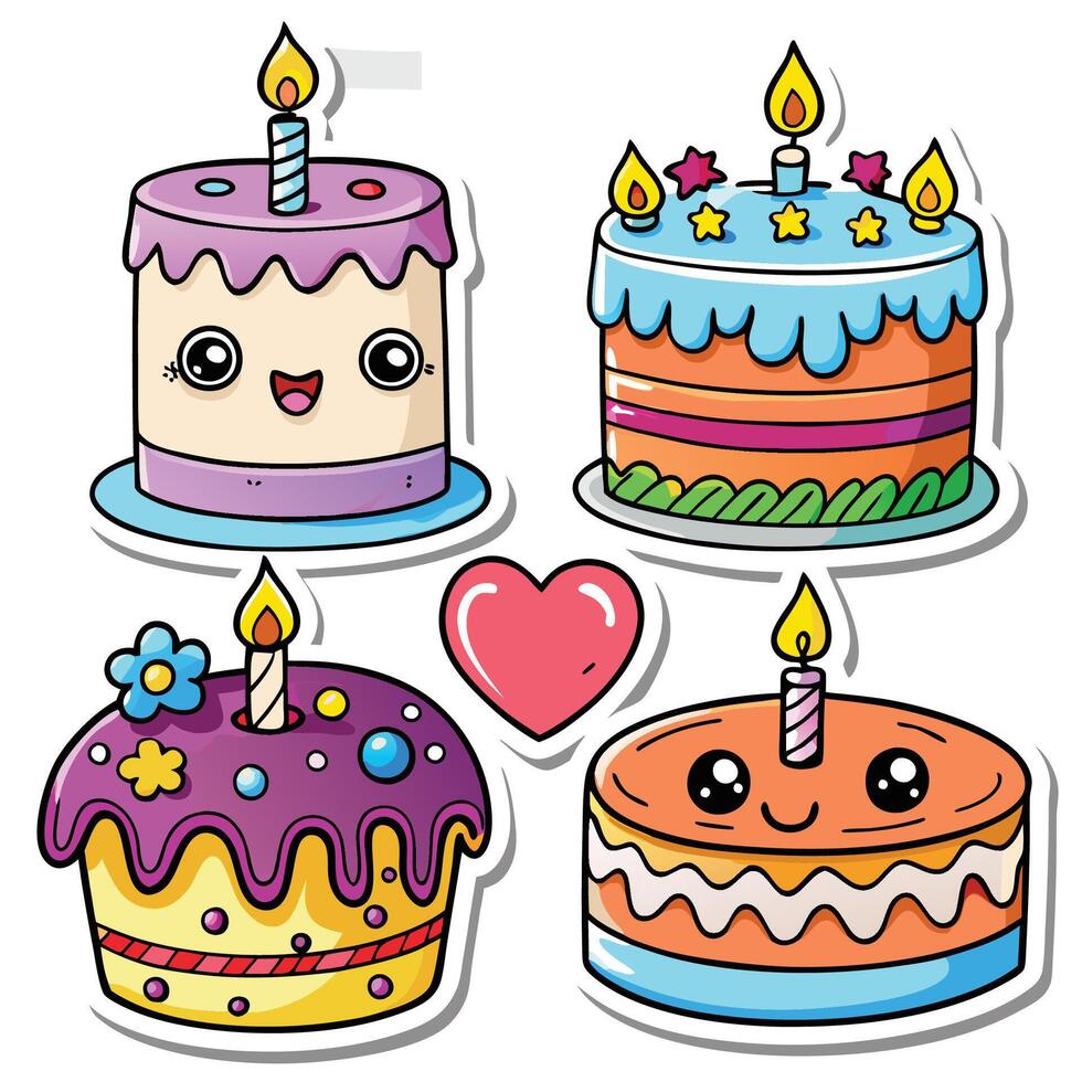 four different cakes with candles and hearts vector