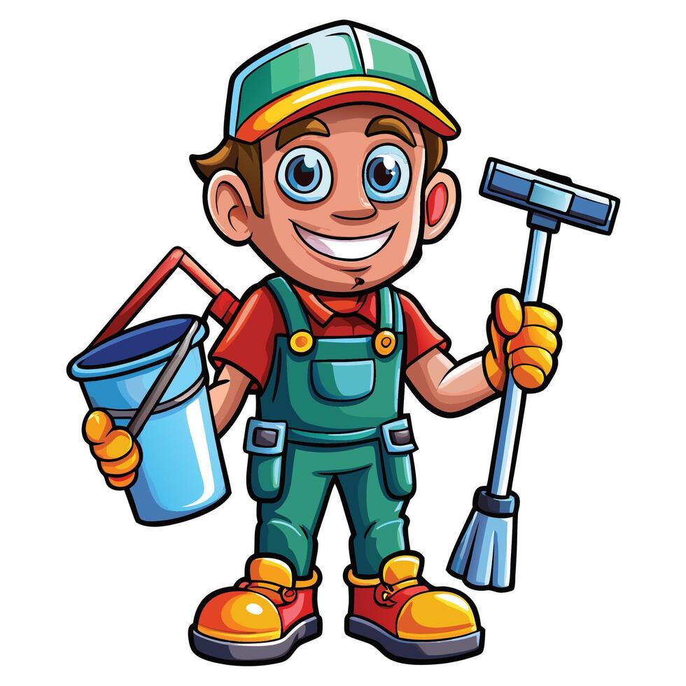 cartoon man with bucket and mop vector