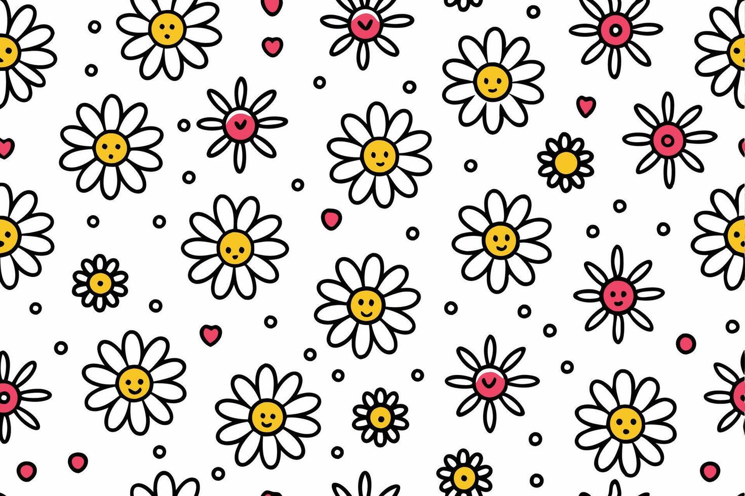 a pattern with daisies and hearts on a white background vector