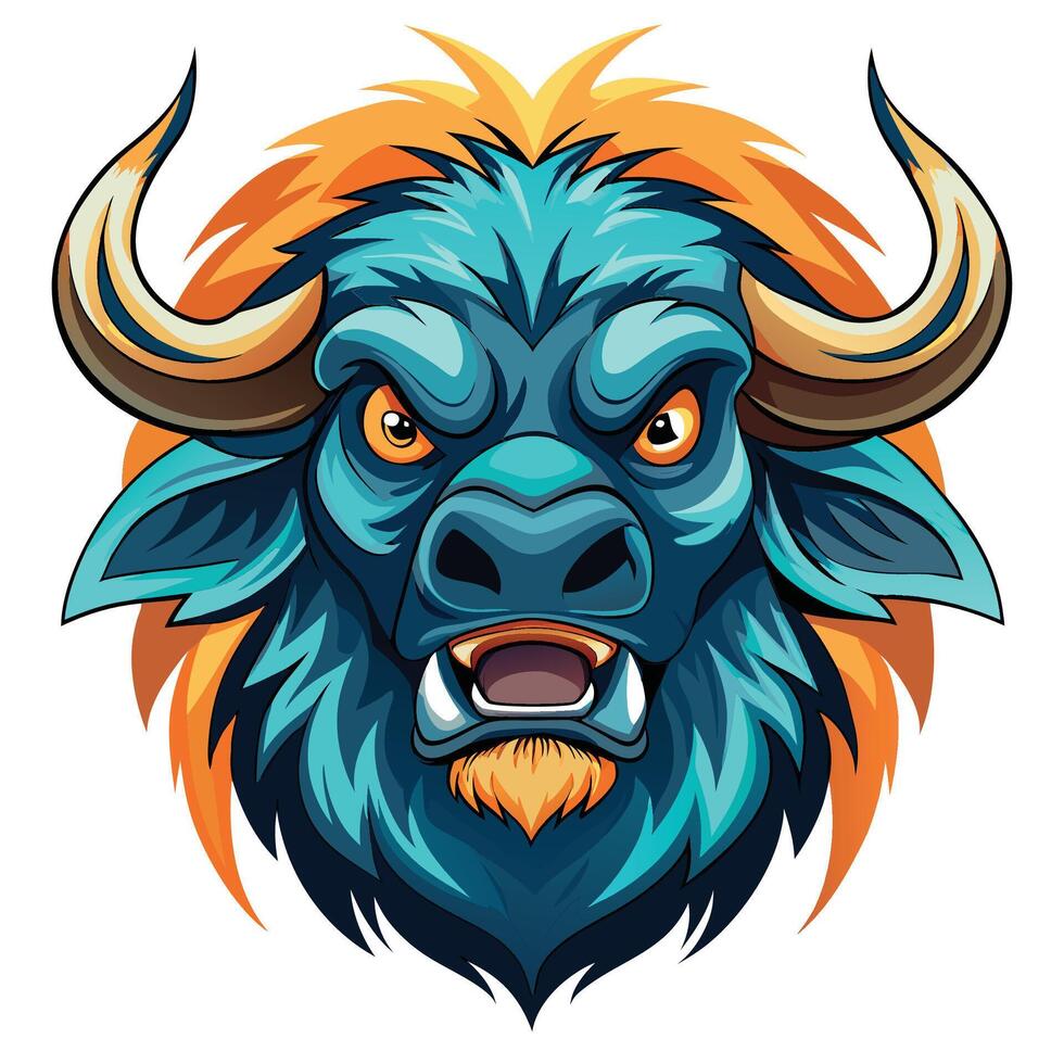 an angry buffalo head with horns and a big mouth vector