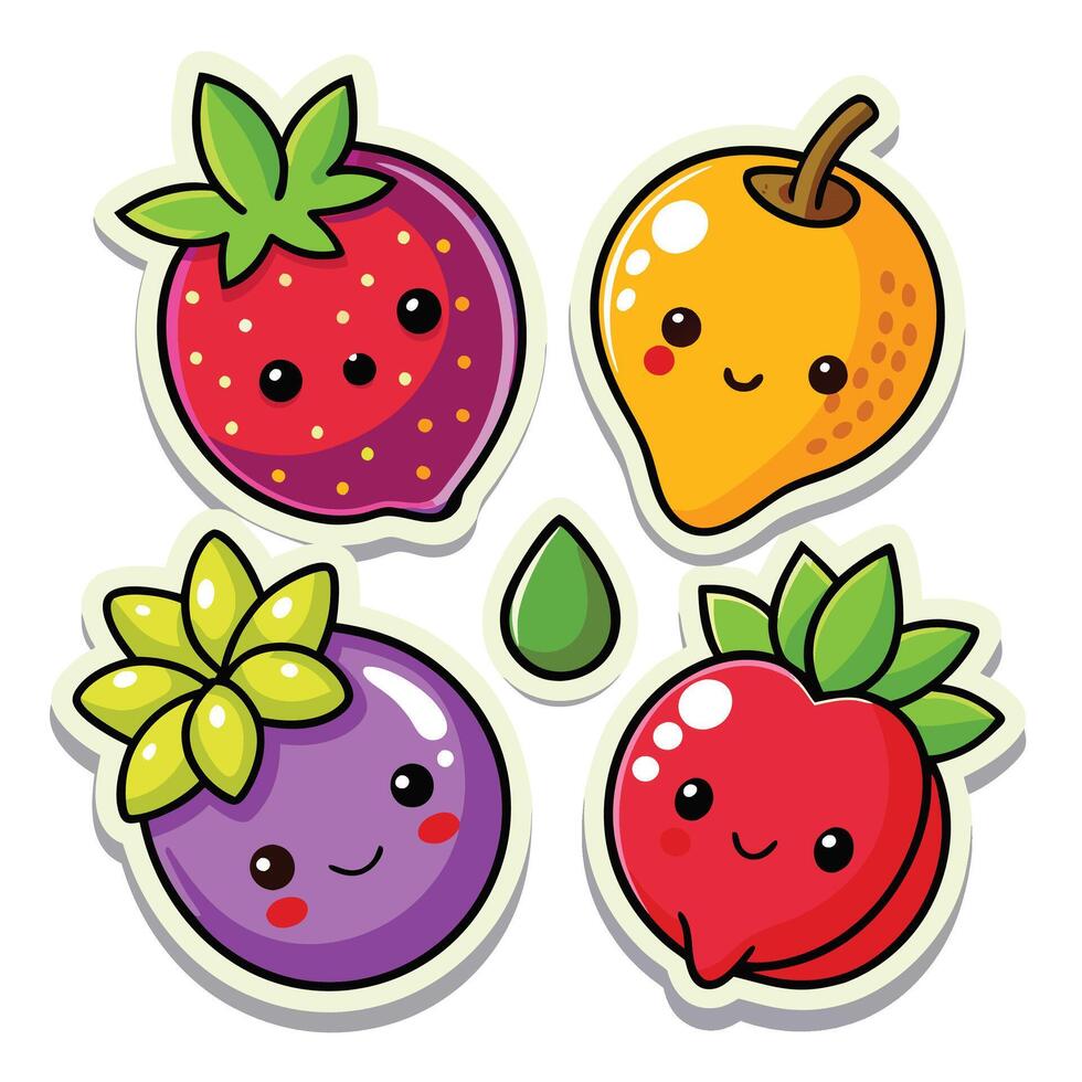 four stickers of fruit with different colors vector