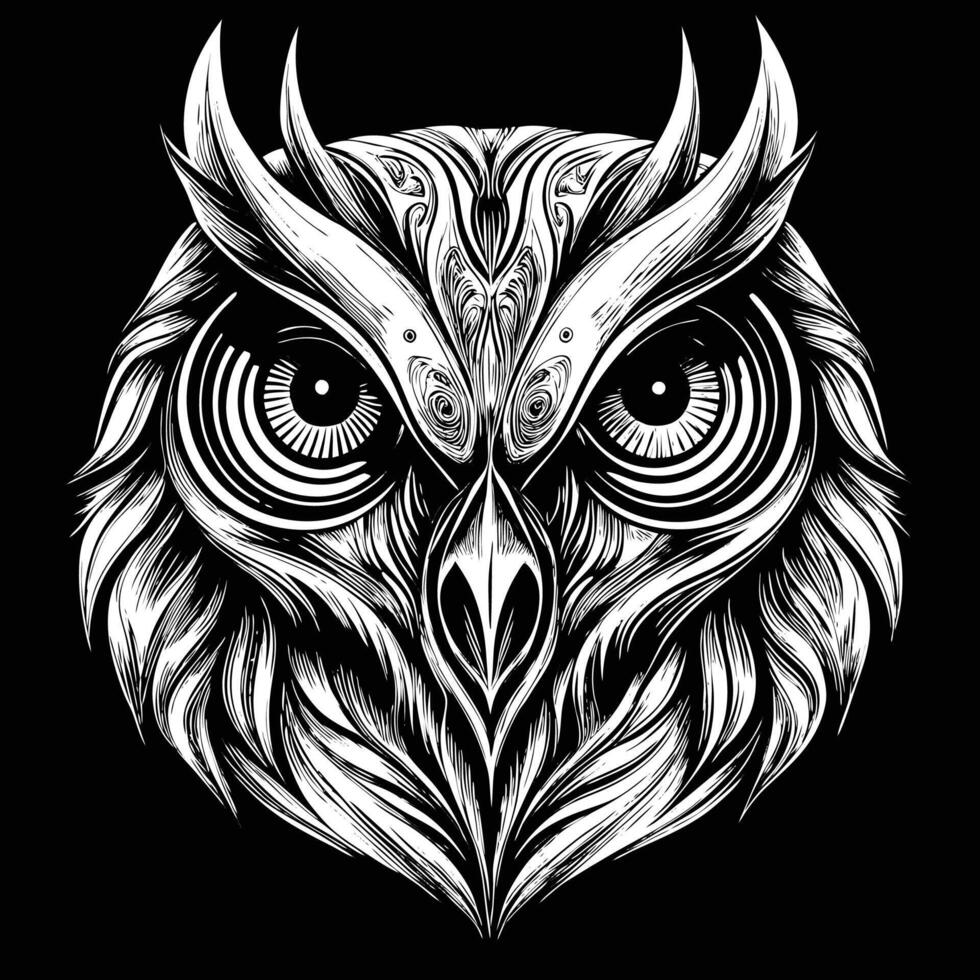 an owl head with large eyes on a black background vector