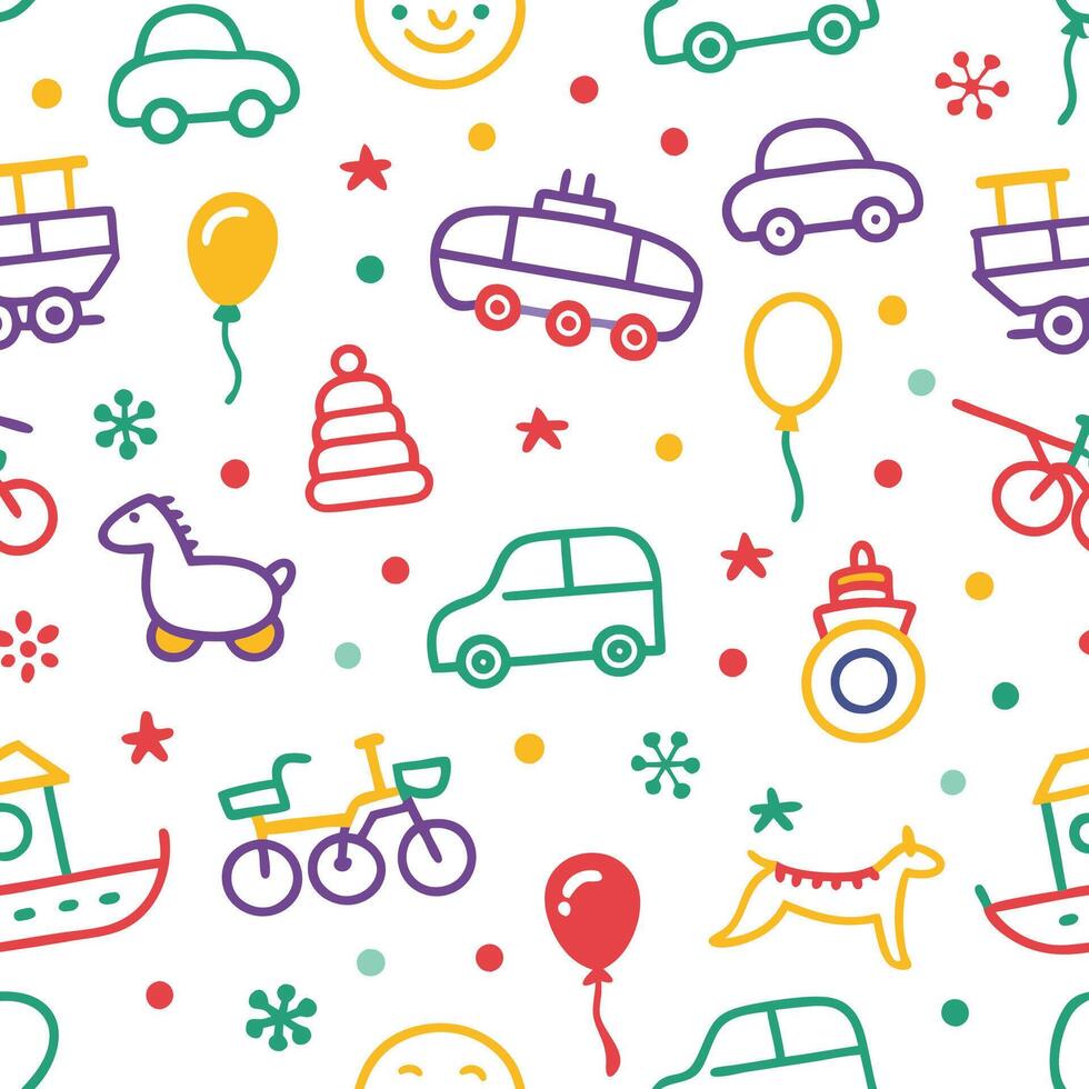seamless pattern with colorful toys and vehicles vector