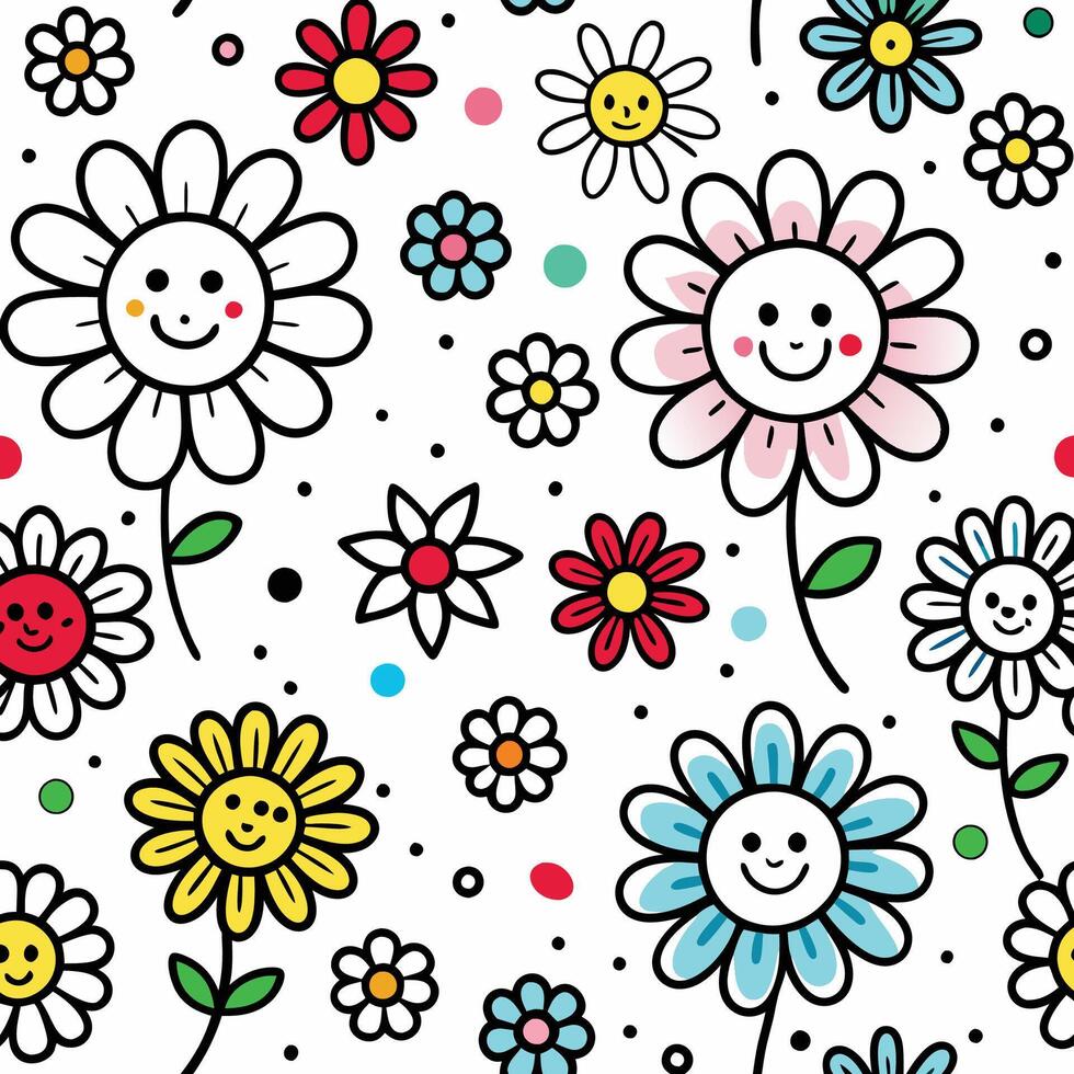 seamless pattern with flowers and smiling faces vector