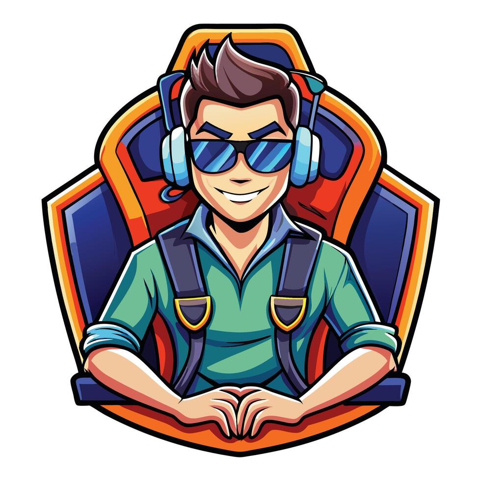 a cartoon man wearing headphones and sunglasses sitting in a chair vector