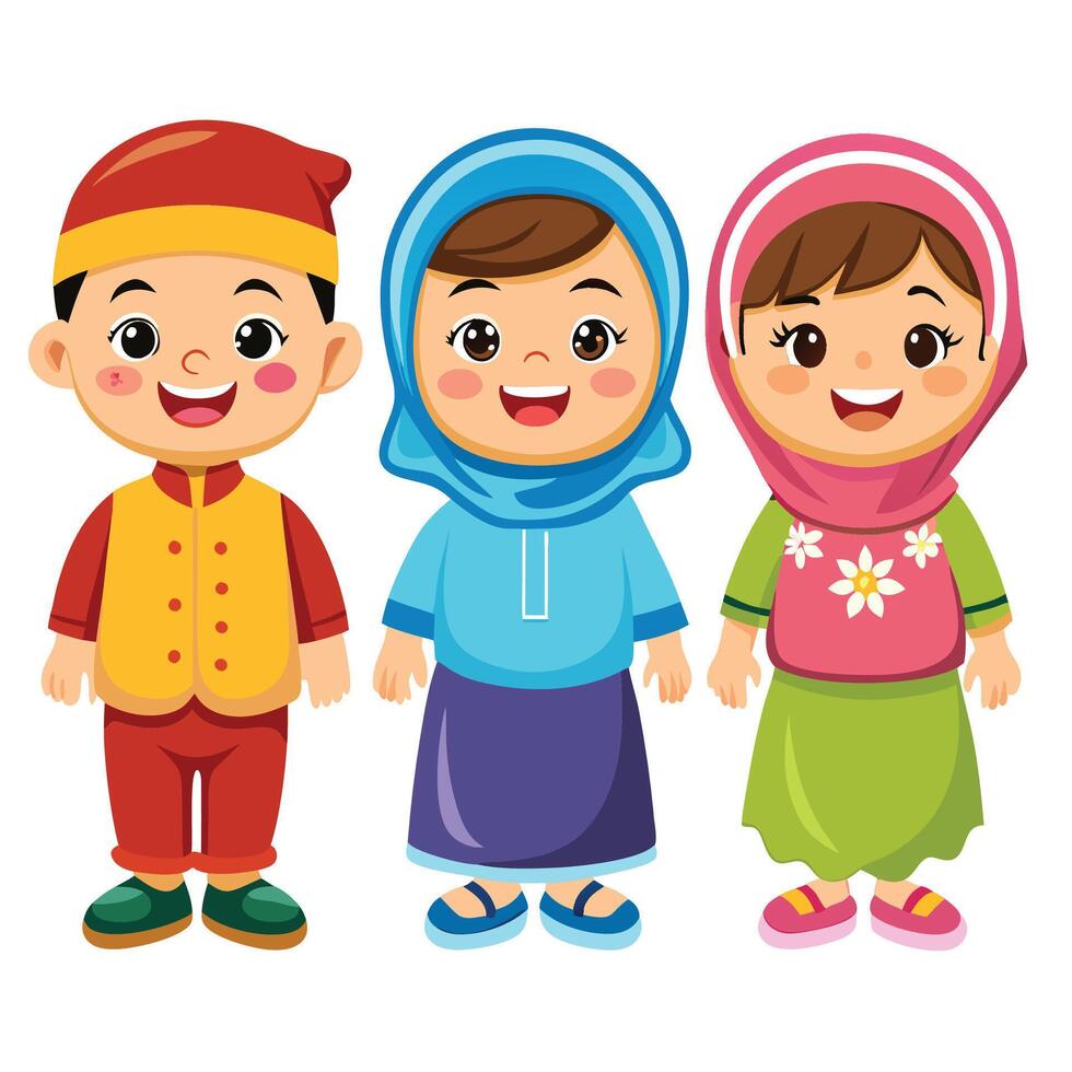 three children in traditional clothing, one in a headscarf and one in a headscarf vector