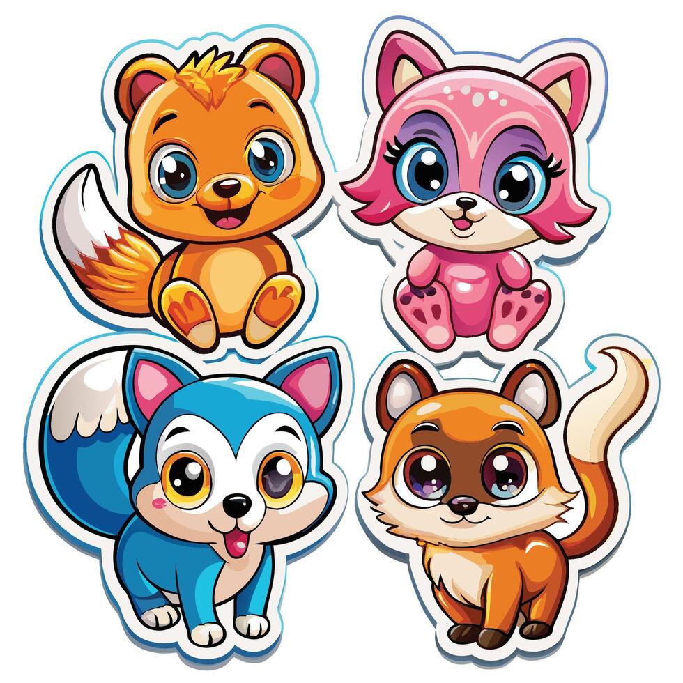 four cute animals stickers on a white background vector