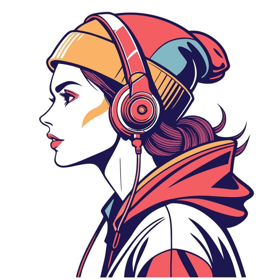 a girl in a beanie and headphones vector