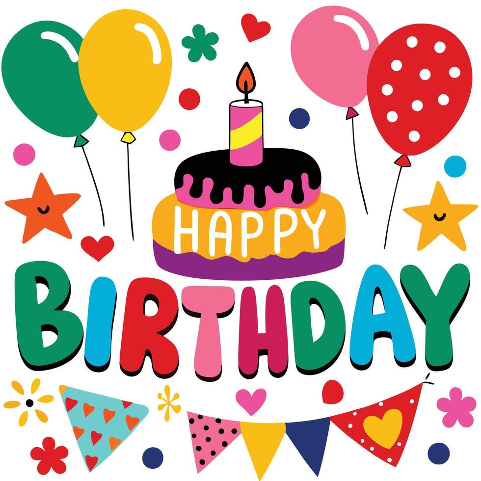 happy birthday card with balloons and cake vector