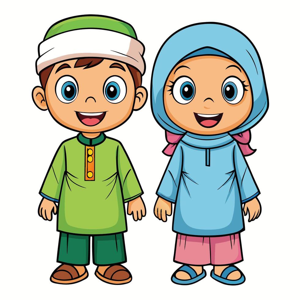 muslim boy and girl cartoon illustration vector