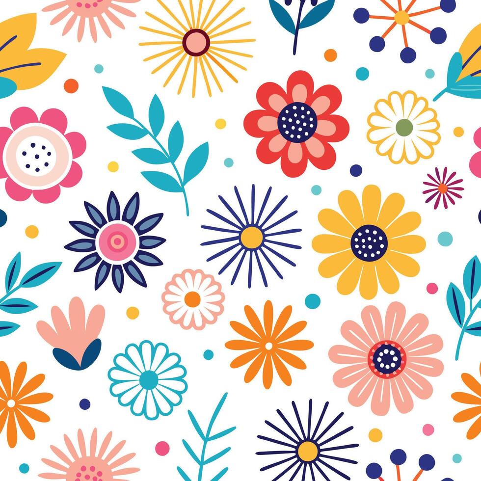 floral seamless pattern with colorful flowers and leaves vector