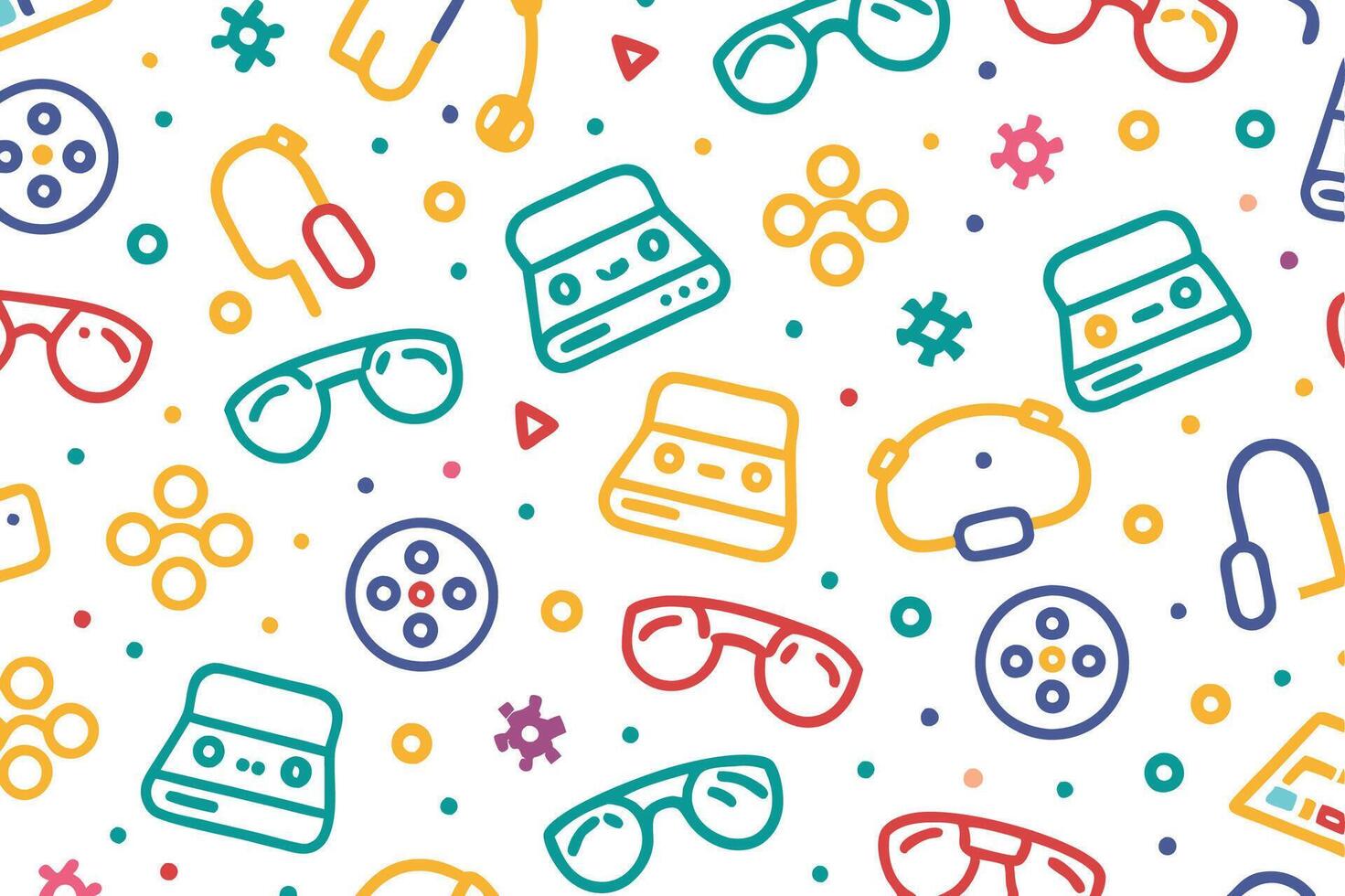 a colorful pattern with various items such as a game controller and a game console vector