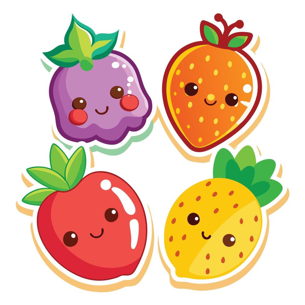 four stickers of fruit with faces and eyes vector