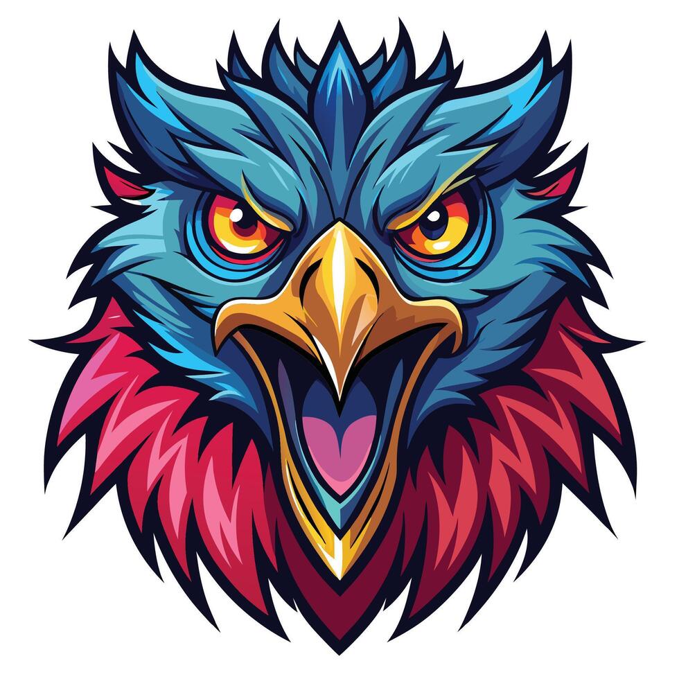 an angry eagle head with a red and blue feather vector