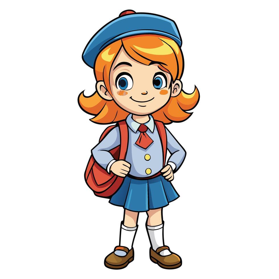 cartoon girl in school uniform with backpack vector